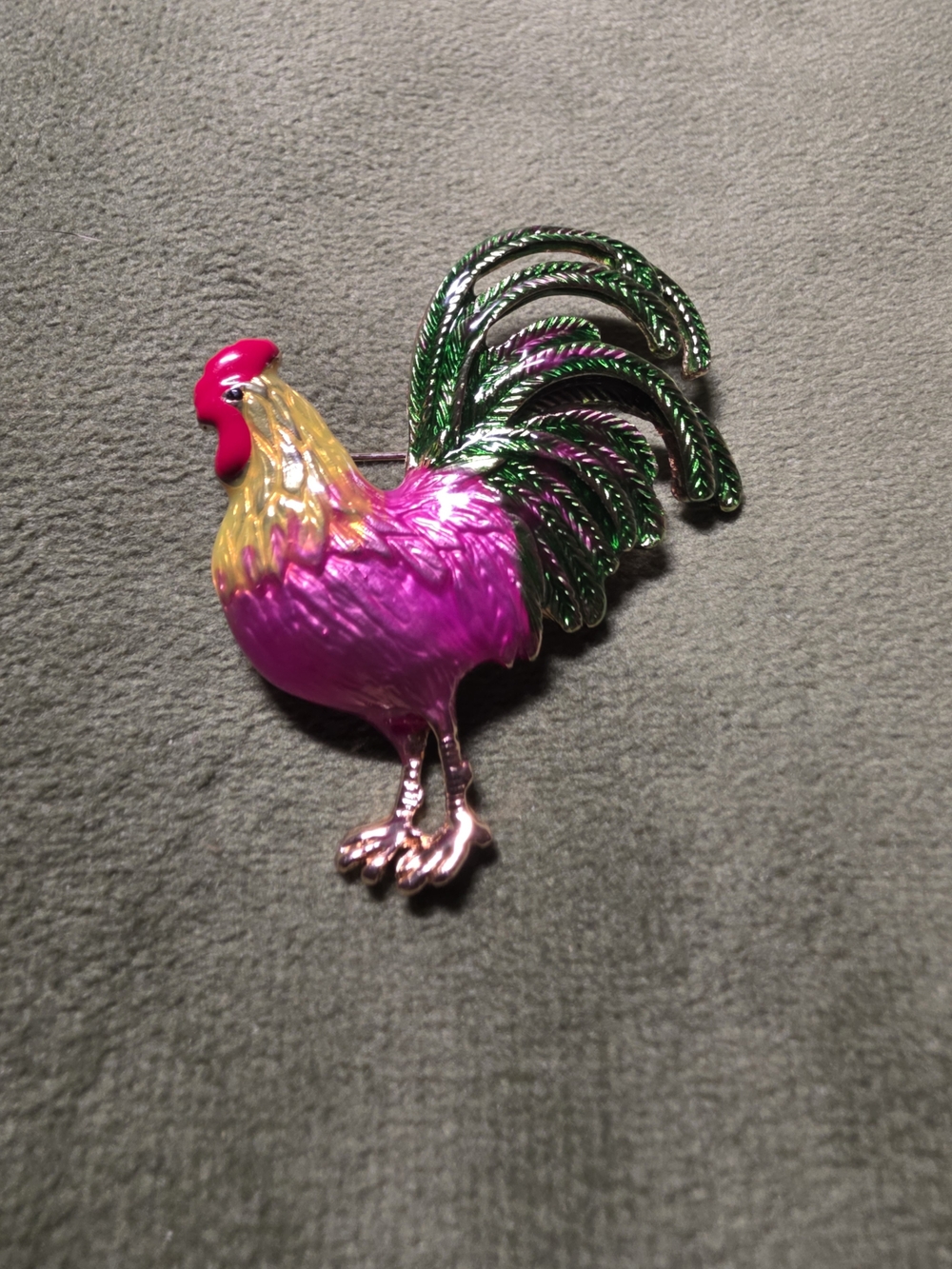 Source Unknown Pink & Green Rooster Enamel Brooch